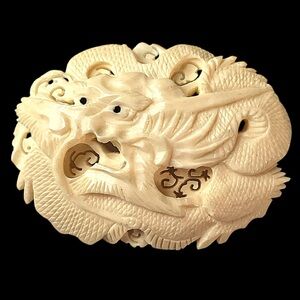 Vintage Chinese Carved Bovine Bone Dragon Brooch Pin Sterling Silver
